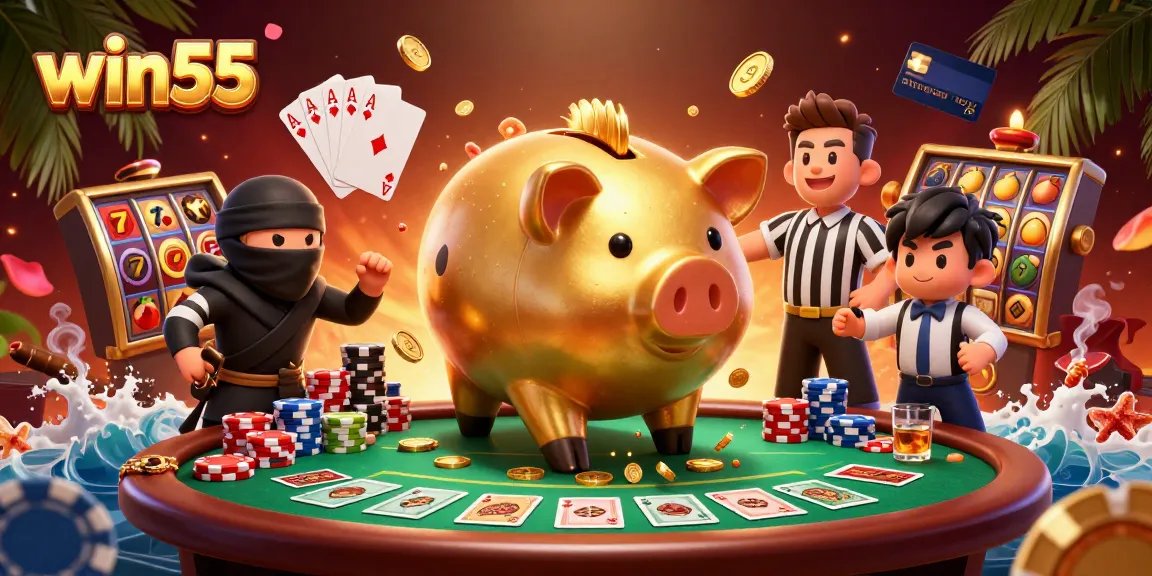 Engage with win55 as a golden piggy bank sumo wrestler scatters coins at a lively poker game.