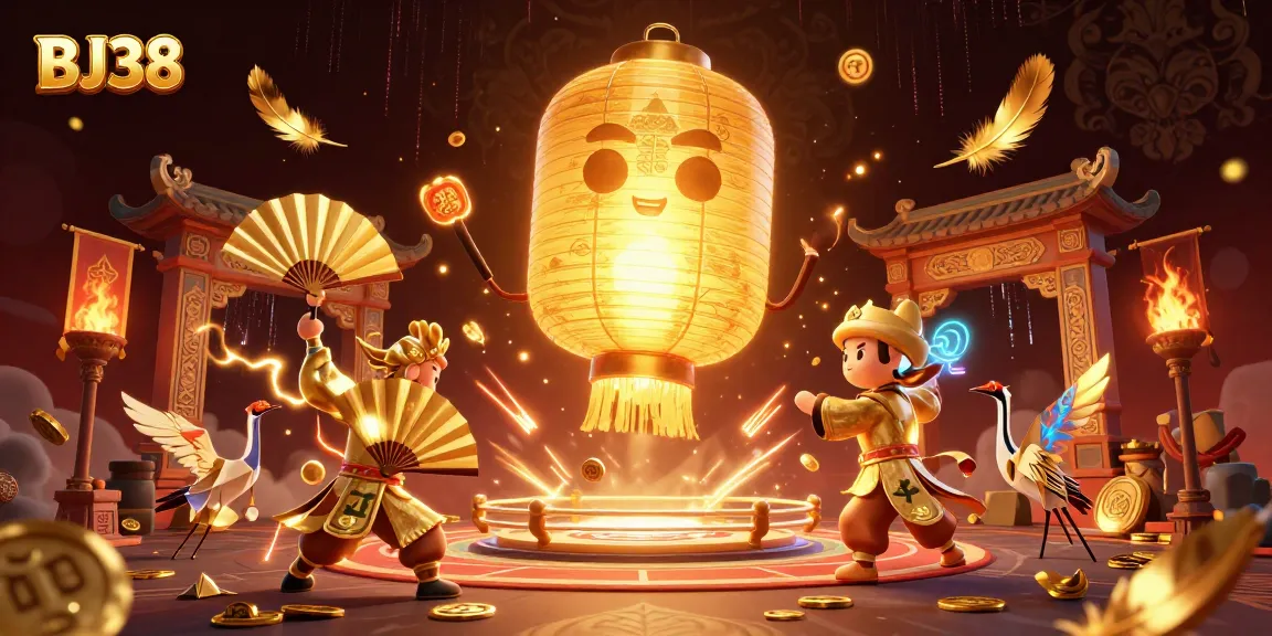 Engage with BJ38's vibrant casino experience featuring golden lantern spirit and warriors in action.