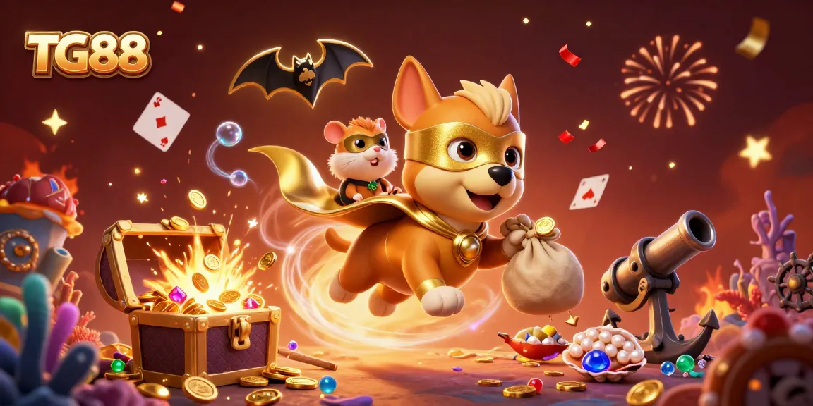 Experience thrilling moments with TG88, featuring a superhero dog celebrating a jackpot win in a colorful casino.
