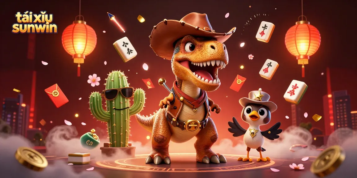 Tài xỉu sunwin scene with a cartoon dinosaur and friends celebrating wins amid vibrant gambling elements.