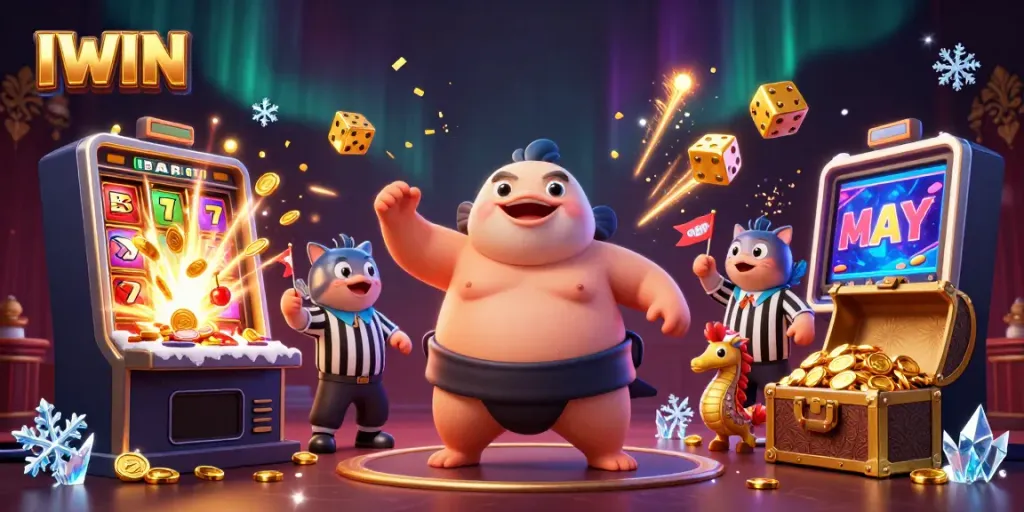 Experience the thrilling world of IWIN with a lively casino scene featuring a fugu in a sumo belt, surrounded by jackpots and vibrant action.