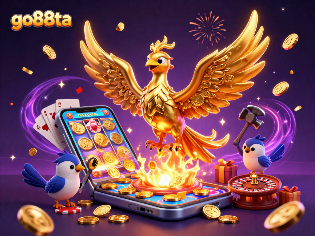 go88ta unveils golden phoenix and sparrow assistants in a vibrant 3D casino scene.