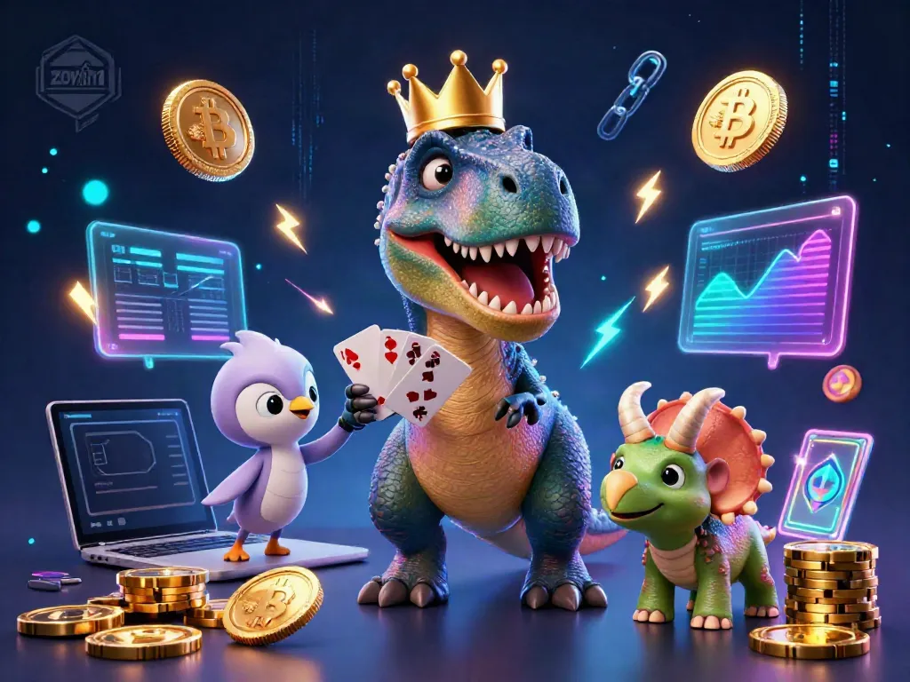 Join the fun with zowin1 as dinosaurs play cards and stack coins in this vibrant casino scene.