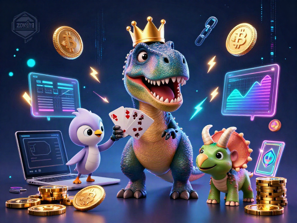 Join the fun with zowin1 as dinosaurs play cards and stack coins in this vibrant casino scene.