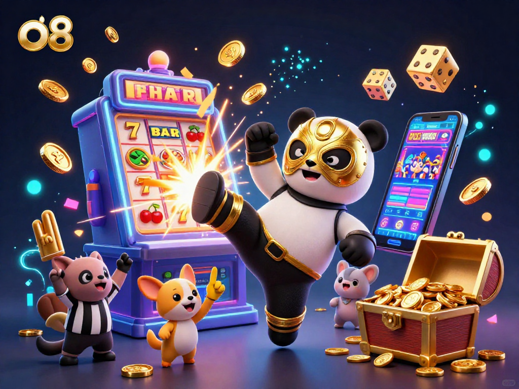 Exciting scene showcasing o8 with a 3D cartoon panda wrestler kicking amidst casino elements and cheering animal crowd.