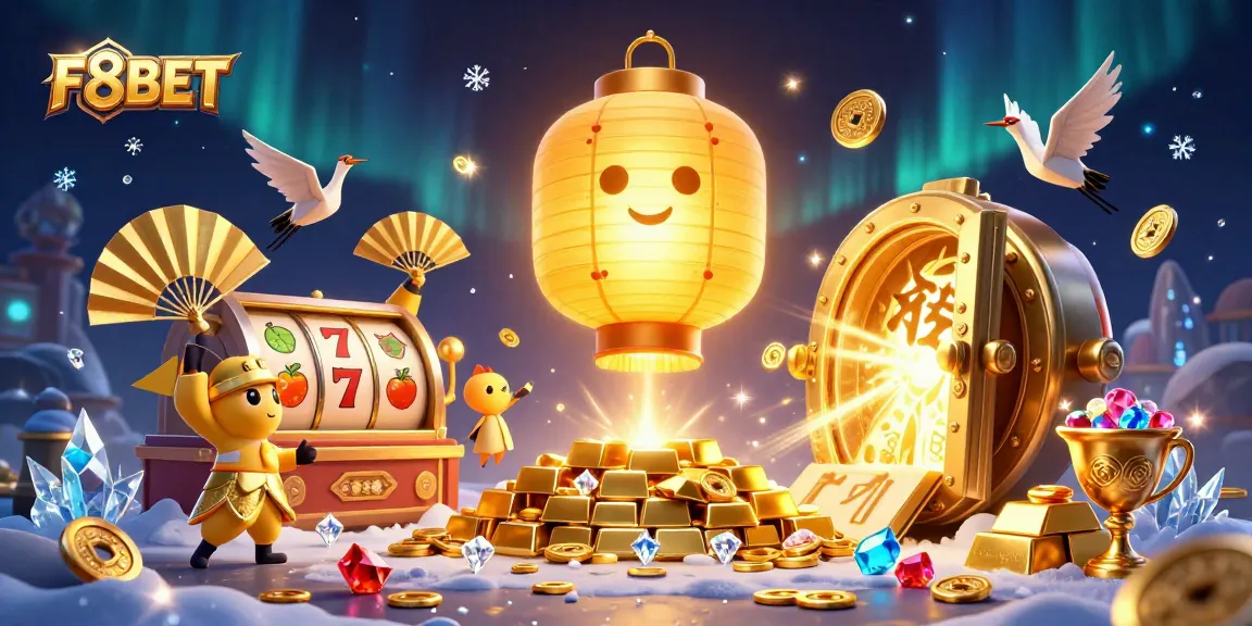 F8BET showcases a vibrant casino scene with golden lantern spirit and lucky symbols, igniting excitement.