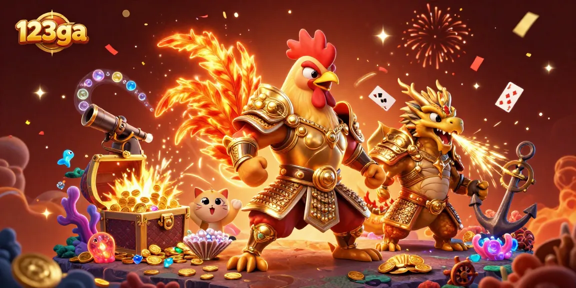 Join the action at 123ga with a fighting rooster and dragon warriors amidst a vibrant casino scene.