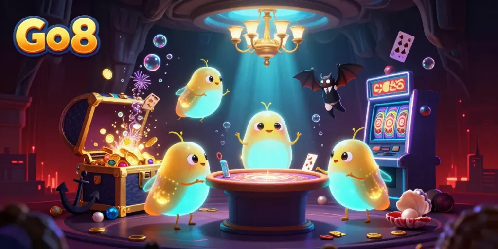 Experience the thrill at Go 8 with glowing worm characters lighting up a vibrant cave casino scene.