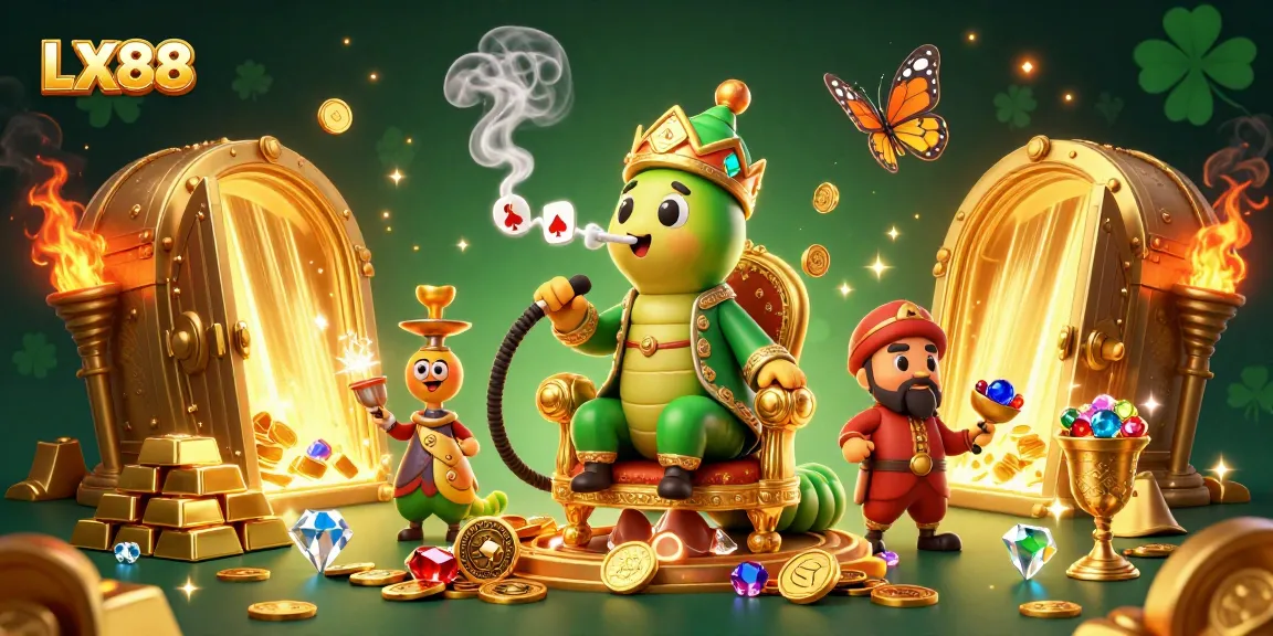 Experience thrilling poker action at LX88 with a whimsical caterpillar master in a stunning 3D illustration.
