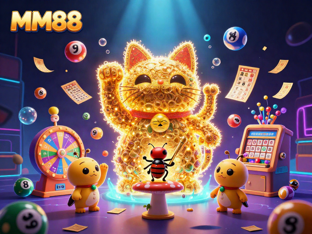 Experience exhilarating gaming at MM88 with a dynamic golden lucky cat and vibrant casino elements!