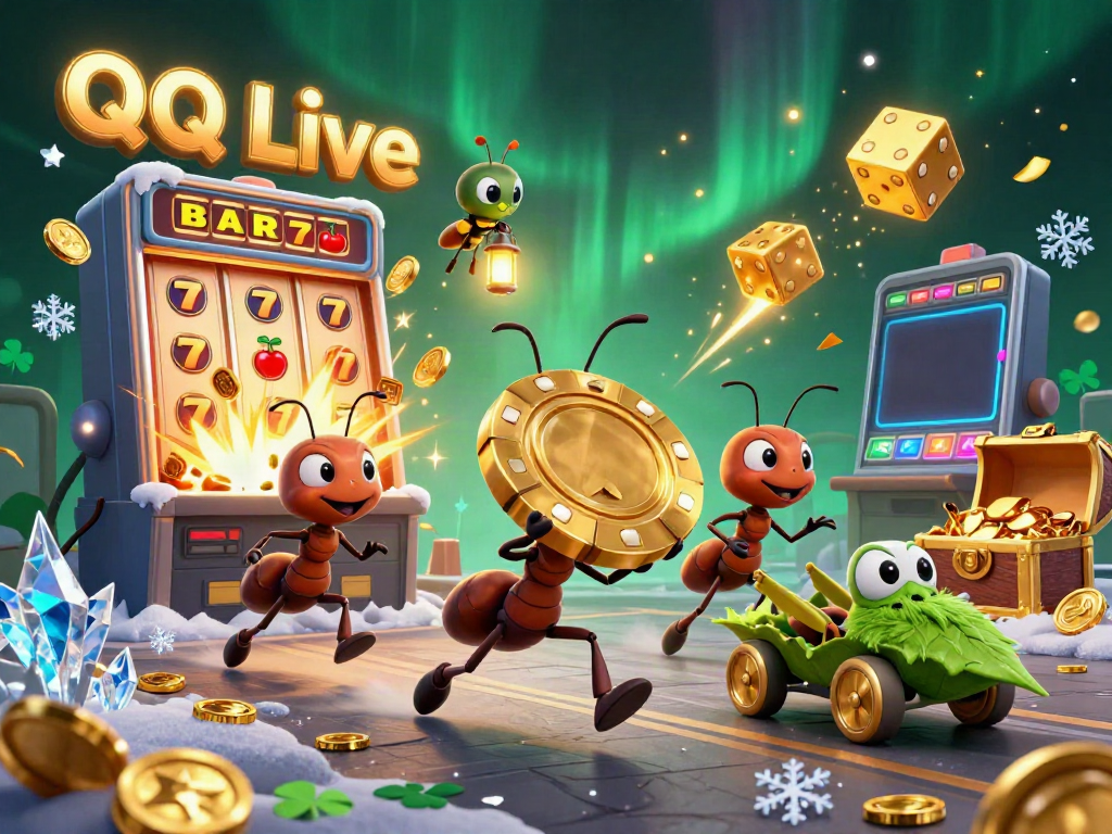 Experience the excitement of QQ Live in a vibrant, packed scene of animated heist by ants with gambling elements.