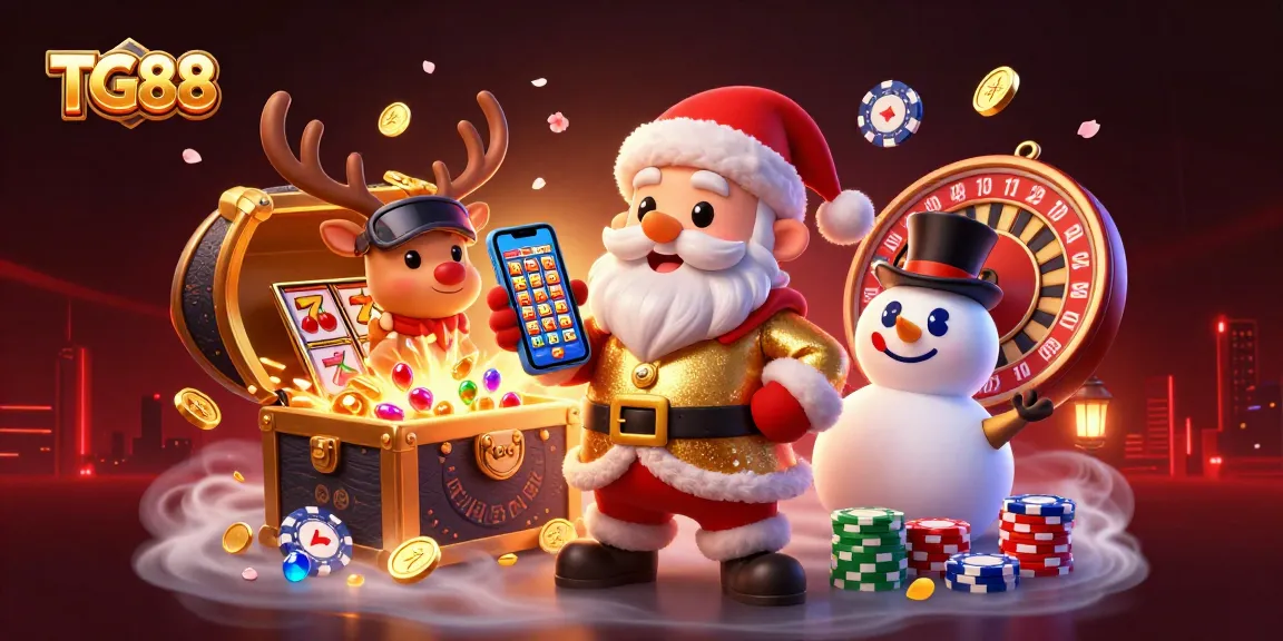 Experience TG88's thrilling casino atmosphere with Santa, reindeer, and poker elements.