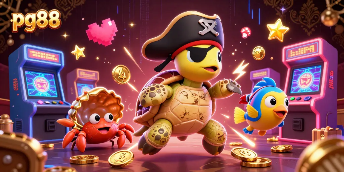 Embark on an exciting pg88 adventure with a cartoon pirate turtle and friends in an underwater casino.