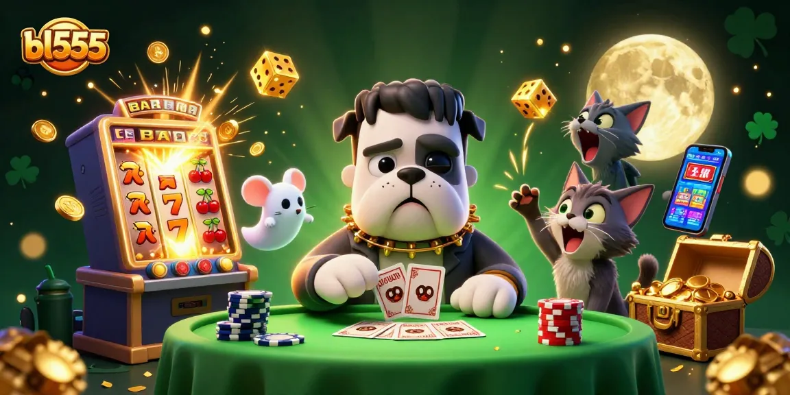 Experience vibrant gaming with bl555: A cartoon bulldog dealer and spooky casino atmosphere.