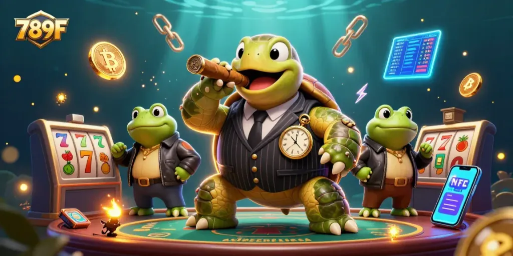 Engage in thrilling slots action at 789F with vibrant characters and neon casino elements.