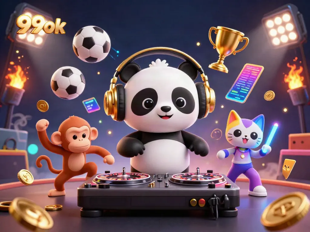 Engage with thrilling casino fun at 99ok featuring a DJ panda, breakdancing monkey, and rave kitten.