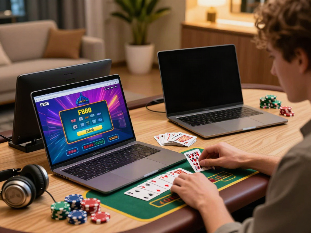 Engaging in online gambling on FB88 with vibrant graphics and a modern setup.