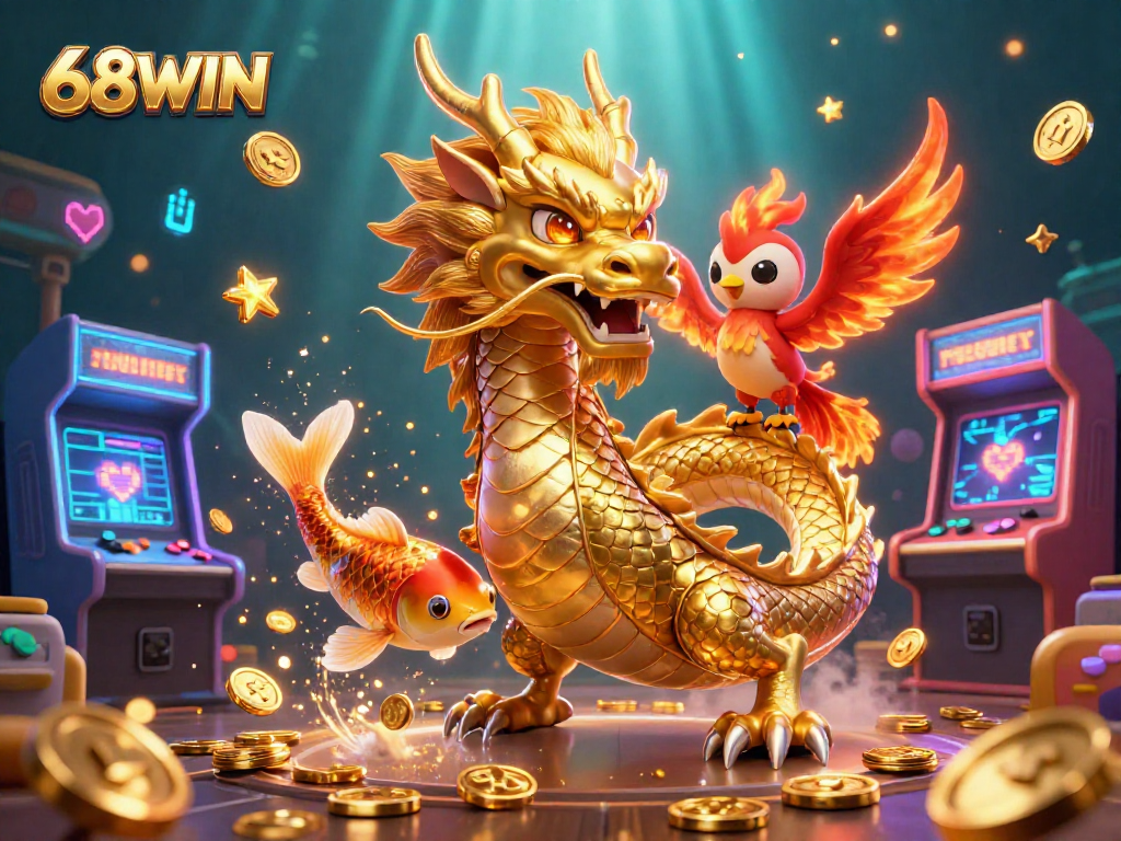 Win big at 68WIN with golden koi fish showered in coins amidst a vibrant casino scene.