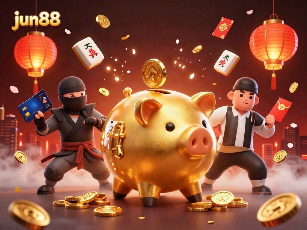 Experience excitement with jun88 in a vibrant 3D illustration of casino-themed characters and elements.