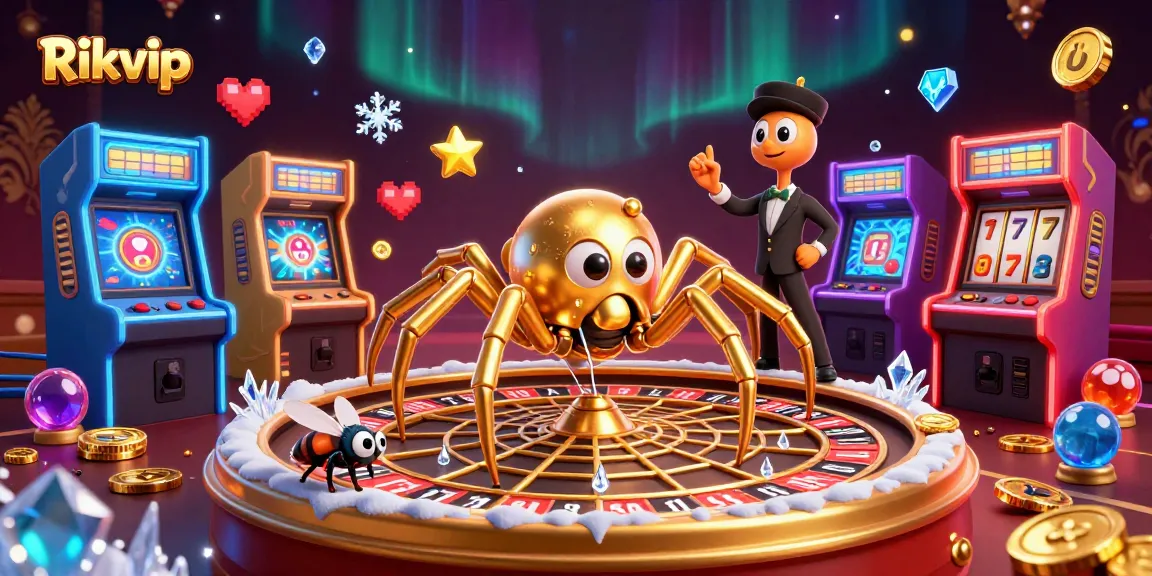Place bets at Rikvip with a golden spider roulette wheel and vibrant casino arcade theme