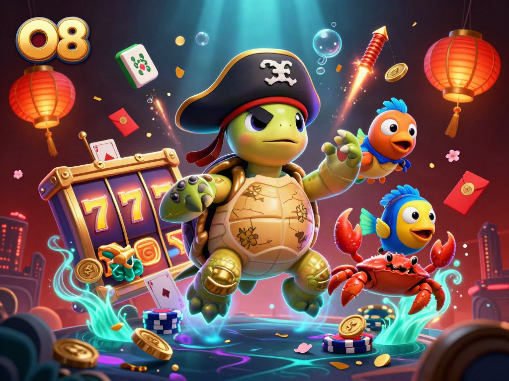 Engage in thrilling gaming moments with O8, showcasing a vibrant casino scene filled with treasure, chips, and lucky symbols.