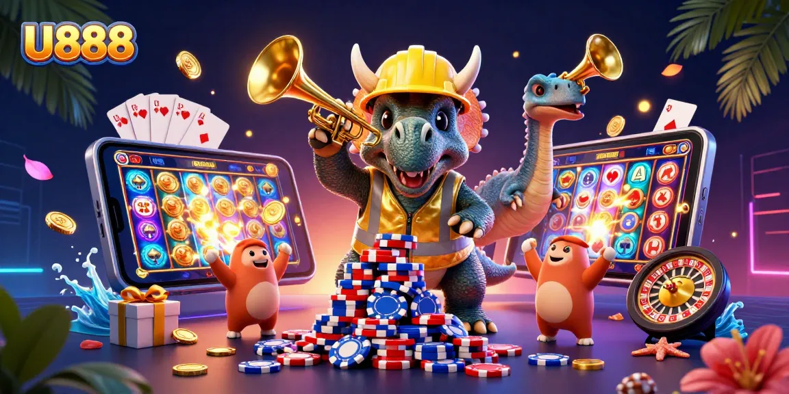 Engage with U888's thrilling slots experience, featuring vibrant casino elements and dynamic characters.