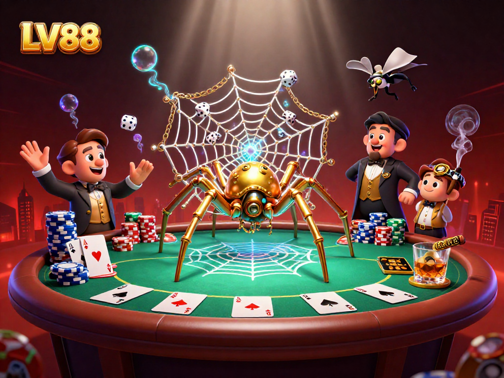 Explore the rich world of LV88 with a captivating 3D scene of a golden spider and poker elements.
