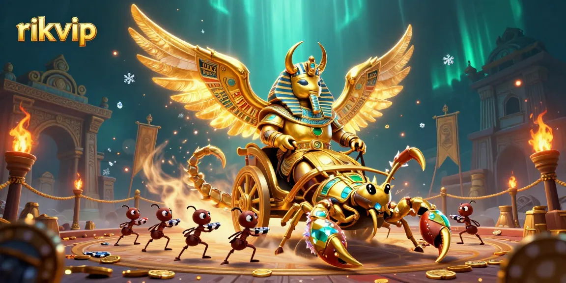 Experience the vibrant rikvip casino realm with a colossal scarab beetle and dynamic characters amidst stunning visuals.