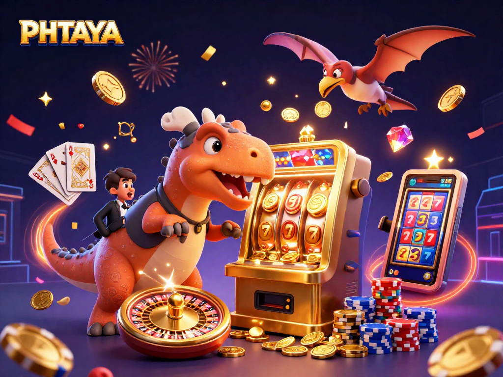 PHTAYA's exciting gameplay scene with dinosaurs and a golden slot machine celebrating a jackpot.