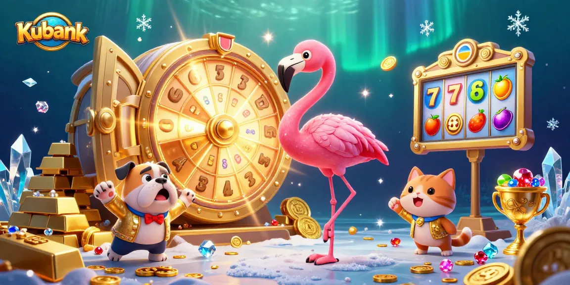 Kubank reveals exciting prizes as a flamingo host spins the golden prize wheel amidst vibrant gambling elements.