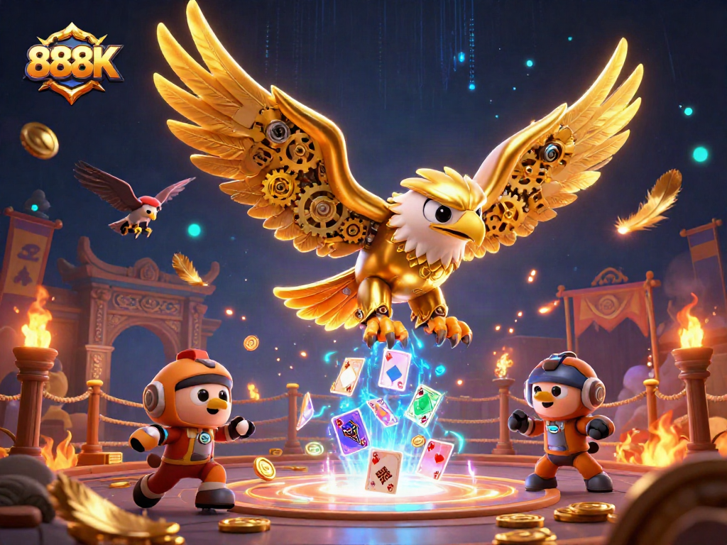 Experience 888K's thrilling gameplay with dynamic golden eagle and holographic cards.