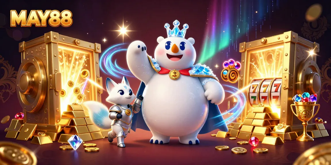 MAY88 leads thrilling gameplay with ice king polar bear and treasure in an online casino scene.