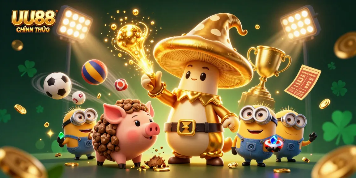 Engage with UU88 CHÍNH THỨC through this dynamic scene featuring a magical golden wizard and energetic sports-themed elements.