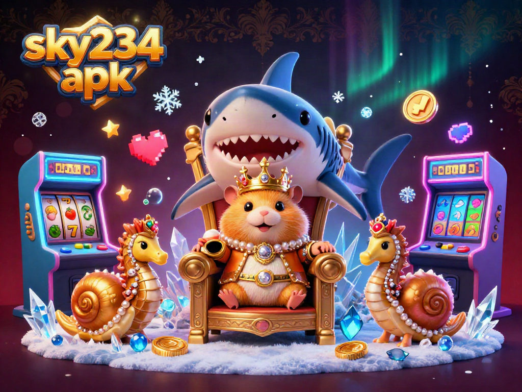 Engage with the sky234 apk through vibrant 3D casino games featuring a golden hamster king and slot reels.
