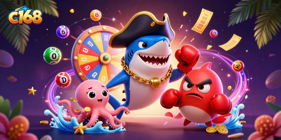 c168 engages with colorful lottery elements, vibrant prizes, and lively characters in a casino setting.