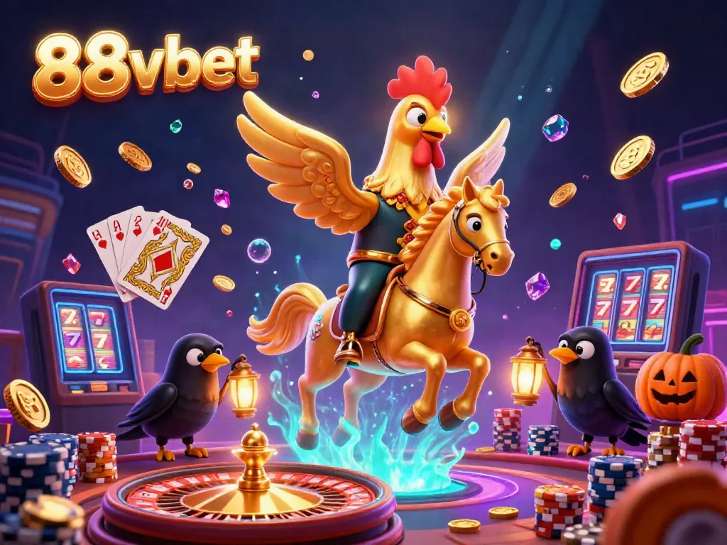 88vbet showcases a vibrant casino scene with golden rooster characters in an engaging game atmosphere.