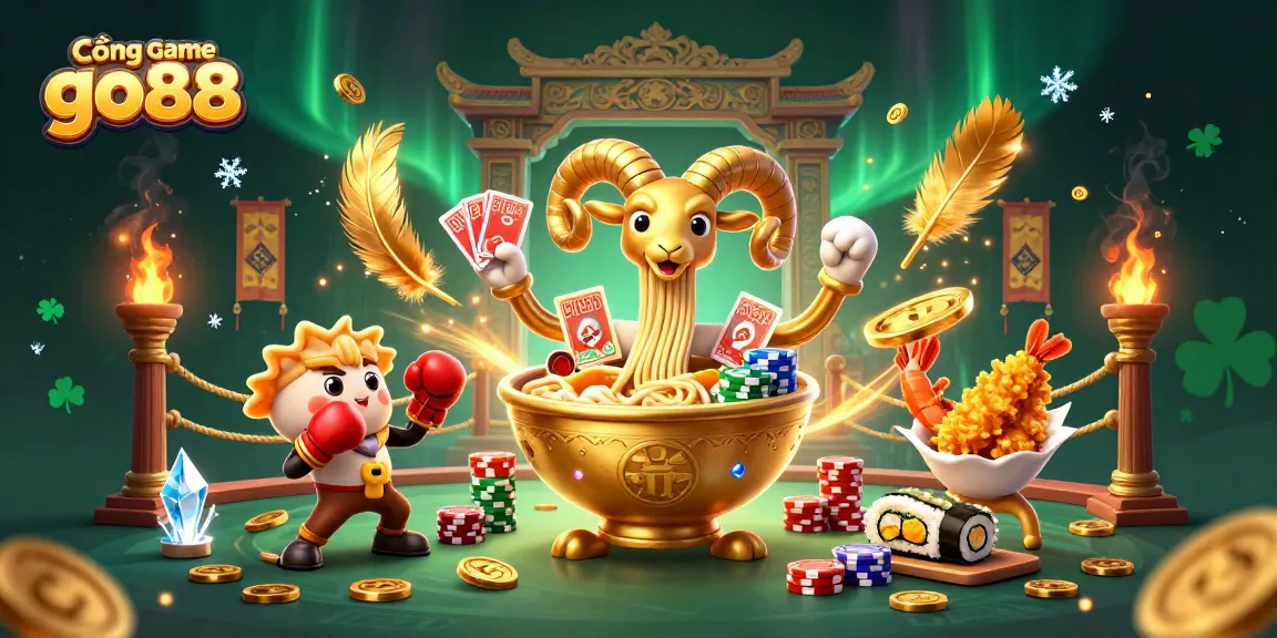 Cổng game go88 showcases a 3D cartoon ramen bowl character dealing cards and stacking chips in a lively casino scene.