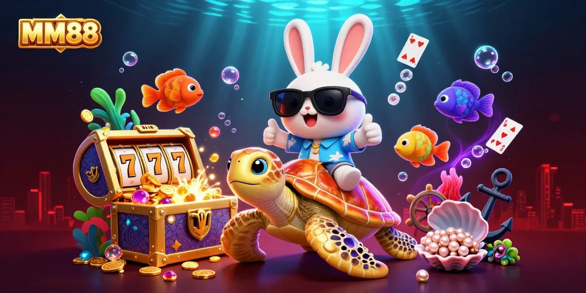 Experience exciting wins at MM88 with the lucky rabbit and golden turtle in this vibrant casino scene.