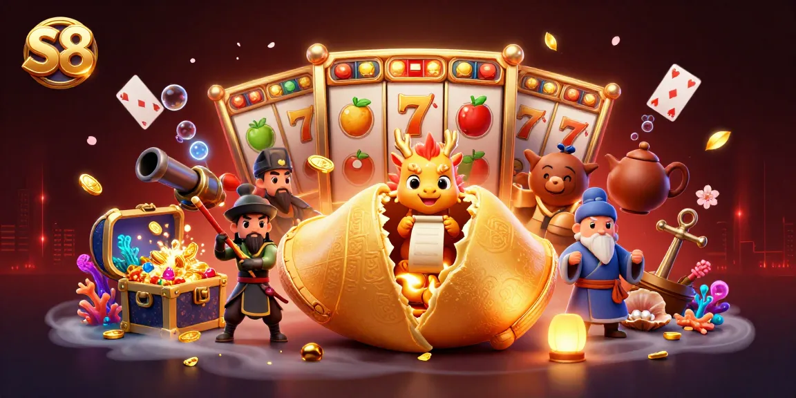 Engage with S8 slots featuring a golden fortune cookie, dragon, and vibrant casino elements.