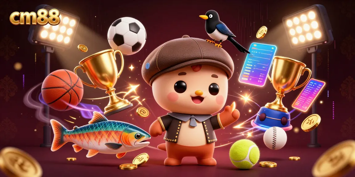 Experience excitement with cm88's playful characters in a vibrant casino setting filled with sports elements.
