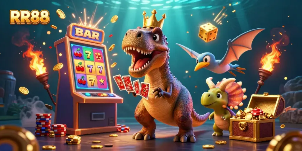 RR88 engages players with dynamic casino action featuring T-Rex shuffling cards and golden jackpots.
