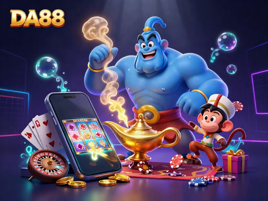Engage with DA88's vibrant online casino scene featuring a genie, poker chips, and slot game action.