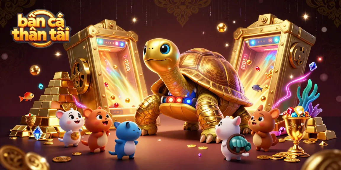 Bắn cá thần tài image showcasing a colossal golden tortoise pinball machine with vibrant treasure elements, engaging players.