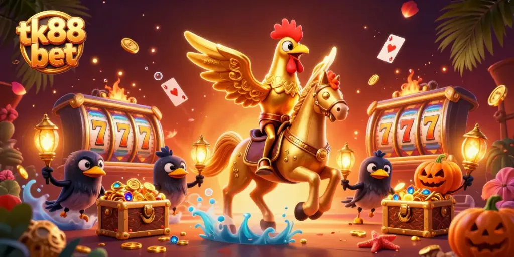 Experience the excitement of tk88 bet in a vibrant 3D scene filled with winning slots and casino elements.