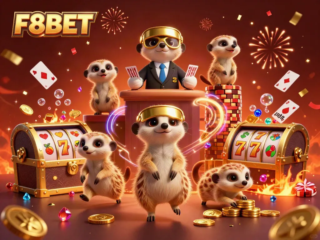 Experience the vibrant action of F8BET with meerkats in an elaborate casino scene filled with dynamic gaming elements.