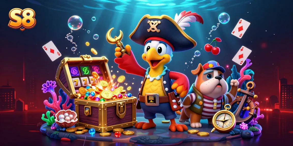 Engage in casino slots gameplay with S8 themed treasure hunting, featuring pirate characters and vibrant slot symbols.