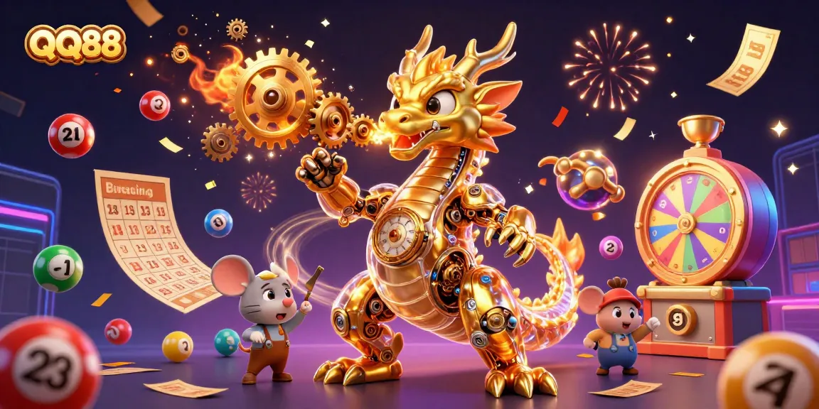 Experience QQ88's exciting slots with vibrant elements, golden dragon, and colorful lottery balls.
