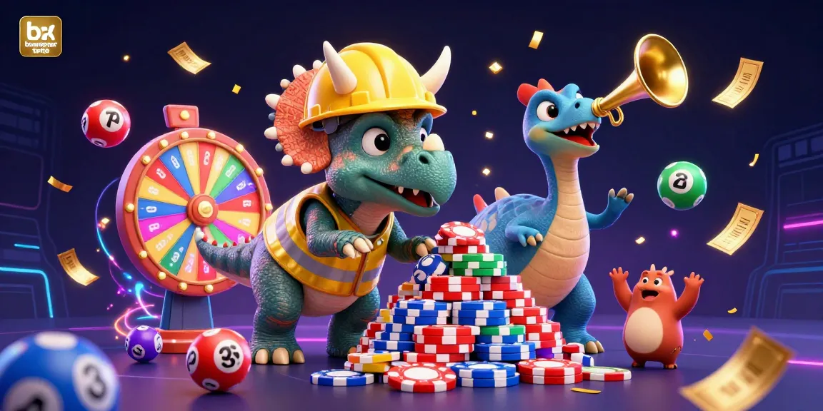 Engage with bandar toto's gaming experience as a triceratops builds poker chip towers with vibrant lottery balls.