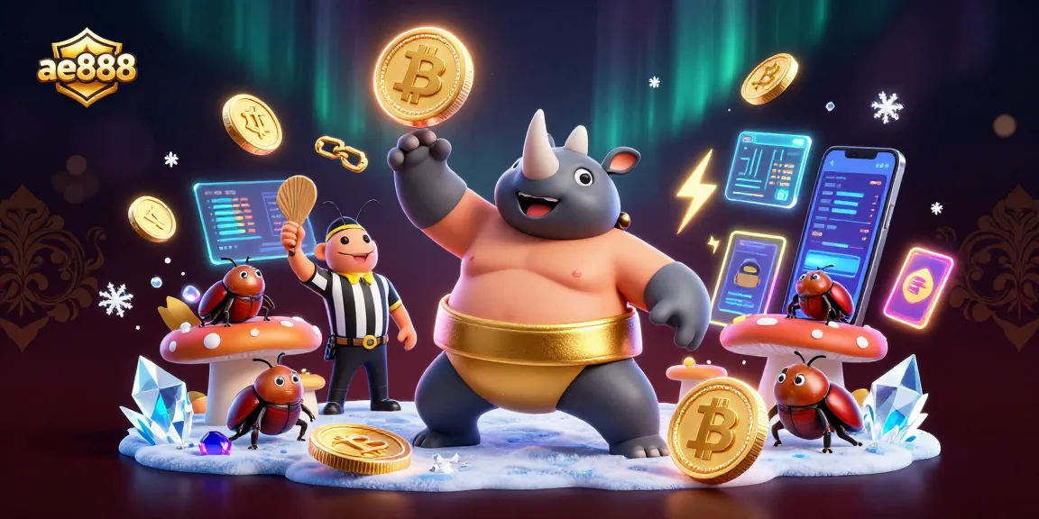 Experience winning thrills with ae888 in a vibrant 3D scene filled with crypto and casino elements.