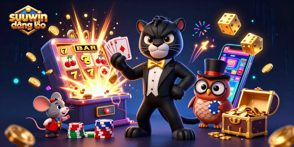 Enjoy a thrilling gaming experience with suuwin đăng nhập, featuring a stylish black panther, cute owl, and lucky mouse in a rich casino scene.